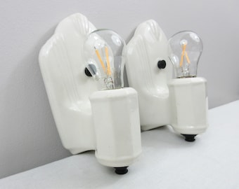 Refurbished Art Deco Wall Sconces for Bath - Pair - 1920's 1930's - Porcelier - IVORY - Rewired for Hard Wire Use
