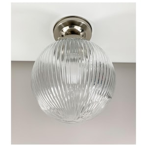 Ceiling Light with Art Deco Glass Ribbed Holophane Shade, Custom Semi Flush Mount Satin Nickel Fixture