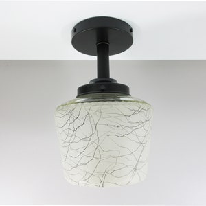 Mid Century Style Ceiling Fixture with Vintage Spatter Glass Shade - Black Semi-Flush Mount