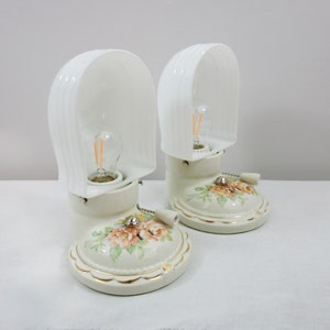 Refurbished Art Deco Shaded Porcelier Porcelain Floral Wall Sconces - Pull Chain On/Off - 1930&#39;s - New Sockets with Pull Chain