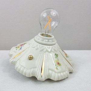Refurbished Bare Bulb Flush Mount Porcelain Fixture - Deco Era - Ivory with Colorful Florals - Complete with Hanging Hardware - 1930&#39;s