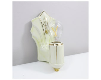 Aplique de pared Porcelier restaurado - Individual - Porcelana - Era Art Déco - Recableado para uso con cables duros - Marfil y oro