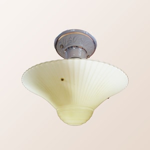 Vintage Ceiling Fixture - Three Bead Chain - Light Yellow Shade with Embossed Details