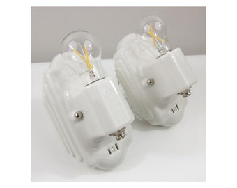 Refurbished Efcolite Art Deco Wall Sconces for Bath - Pair - 1930's - WHITE - Rewired for Hard Wire Use