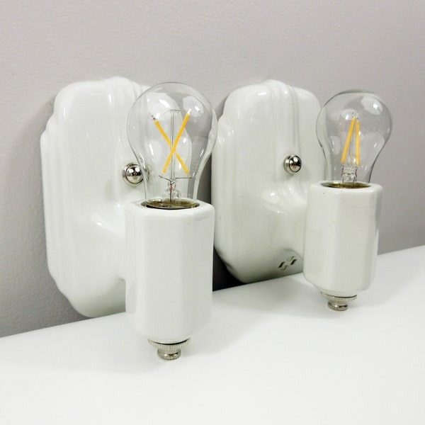 RESERVED - Refurbished Art Deco Wall Sconces for Bath - Pair - Efcolite - 1920's 1930's - Ivory - Rewired for Hard Wire Use
