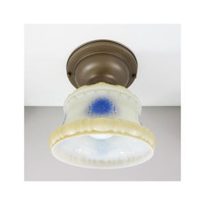Victorian Era Ceiling Light - Pressed Brass Canopy with Tan Blue Shade - Ready to Hang - 1920&#39;s