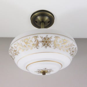 Semi Flush Mount Ceiling Light - 1970&#39;s White Shade with Elegant Gold Design - Paired with Custom Antique Brass Fixture - Three Bulb