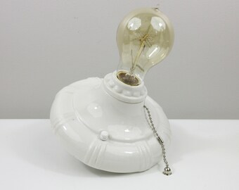 Refurbished Art Deco Single Bare Bulb Fixture - White Porcelain with Pull Chain