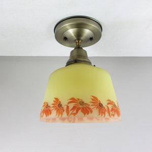 Ceiling Light with Antique Yellow Shade, Stenciled Orange Brown Flowers - Custom Semi Flush Mount Antique Brass Ceiling Fixture
