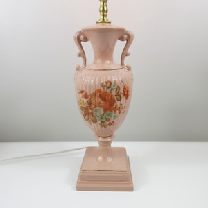 Refurbished 1940&#39;s Table Lamp - Peachy Pink with Florals - Urn Shaped - New Electronics & Hardware - 25&quot; Tall Overall