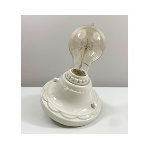 Refurbished Bare Bulb Flush Mount Porcelain Fixture with Pull Chain - Deco Era - Ivory - Complete with Hanging Hardware - 1930's