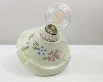 Refurbished Bare Bulb Flush Mount Porcelain Fixture - Deco Era - Ivory with Sylized Florals - Gold, Blue, Pink - Porcelier