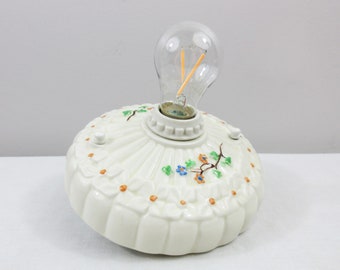 Refurbished Bare Bulb Flush Mount Porcelain Fixture - Deco Era - Ivory with Colorful Florals - Complete with Hanging Hardware - 1930's