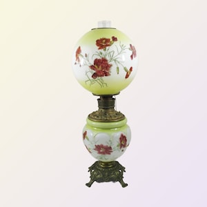 Victorian Gone with the Wind Lamp - Electrified / Rewired - Yellow with Red Carnations - Floral - 24.5&quot; Tall - 1900