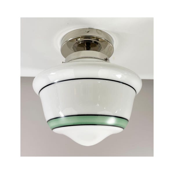 Schoolhouse Taklampa med brun randig skärm - Antik mässingsarmatur - 25 cm hög