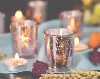 Wedding Decoration Set of 12 Mercury Glass Tealight Candle Holders Bulk with Speckled for Table Centerpiece SHMILMH Round Rose Gold Votive Candle Holders Party and Home D/écor