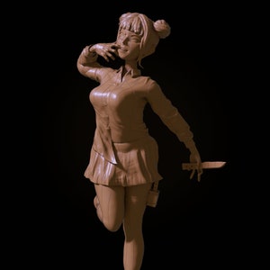 May include: A brown clay figurine of a woman with short hair, wearing a collared shirt and a skirt. She is holding a knife in her right hand and has a mischievous expression on her face.