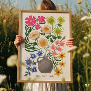 Benutzerdefinierte Familie Geburt Blumenstrauß Kunstwerk | Digital Druckbare Illustration | Boho Minimalist Geschenkidee für Mama | Hauseinweihung
