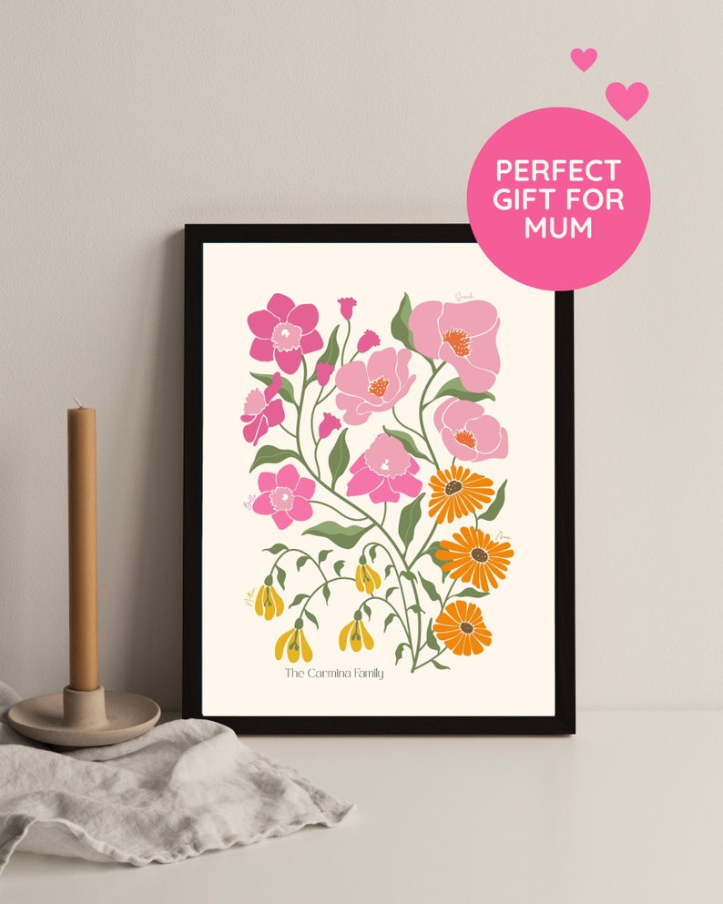 CUSTOM Family Birth Flower Bouquet Digital Illustration Personalised Gift for Mum Mother's Day Family Portrait image 2