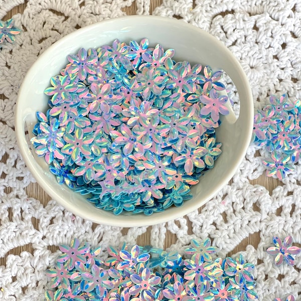 Light blue AB Iridescent flower sequins, about 250 PCs