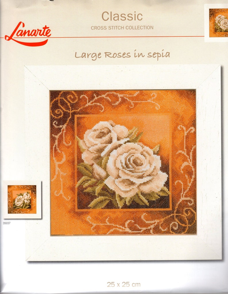 Lanarte Cross Stitch Kit Large Roses in Sepia 25 X 25 CM Classic Collection image 1