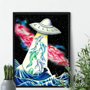 Fishermen - Milky Way - UFO - Ocean - Abstract Art - Unframed