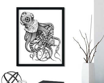 Scuba Squid - Vintage Scuba Suit - Abstract Art - Unframed