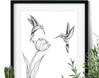 Hummingbirds - Tulip - Abstract Art - Unframed