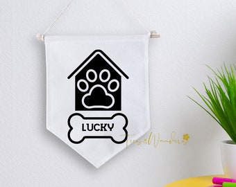 Welcome Door Hanger, Custom Dog Name Decor, Porch Decor Dog Sign, Paw Prints, Dog Bone Name Sign Custom, Puppy Name Sign Pennant Banner