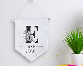Custom Name Banner, Canvas Floral Name Banner for Door, Baby Personalized Banner, Custom Wall Hanging, Nursery Wall Decoration, Canvas Flag