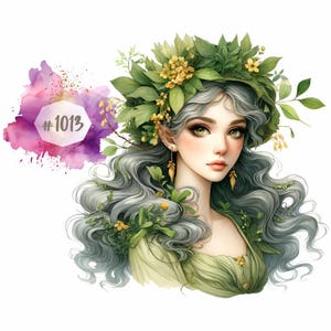 Könnte beinhalten: Eine digitale Malerei einer Frau mit langen, silbernen Haaren, die eine Krone aus grünen Blättern und gelben Blumen trägt. Sie hat grüne Augen und trägt ein grünes Kleid.