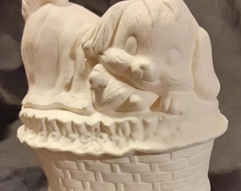 Puppy in Basket in Unpainted Ceramic Bisque
