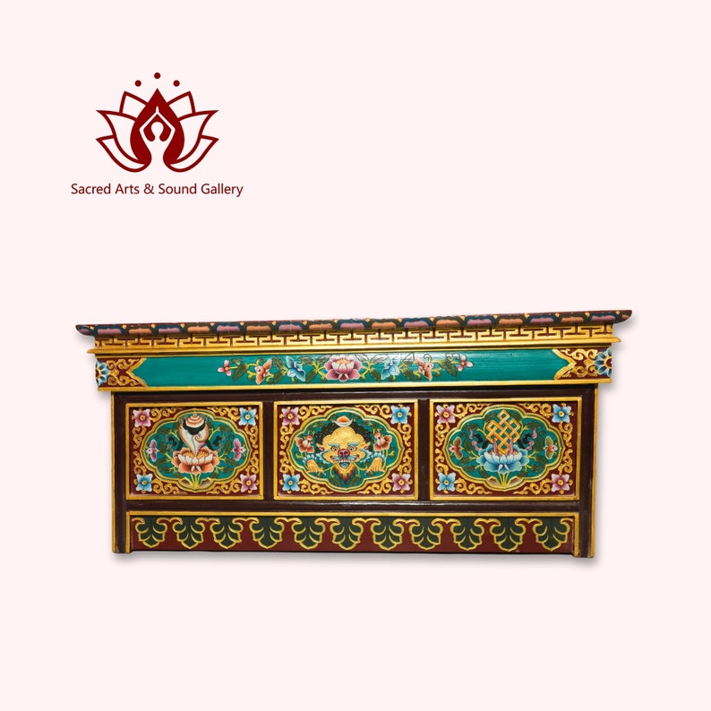 Authentic Tibetan Masterpiece Hand Carved and Painted Buddhist Central Table Featuring Astamangal Face, Perfect for Your Living Room