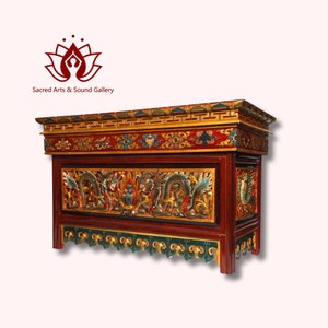 Hand-Carved Tibetan Altar Table | Dragon & Bird Motifs | Solid Wood Puja Table | Spiritual Decor | Home Decor 36 Inch Long
