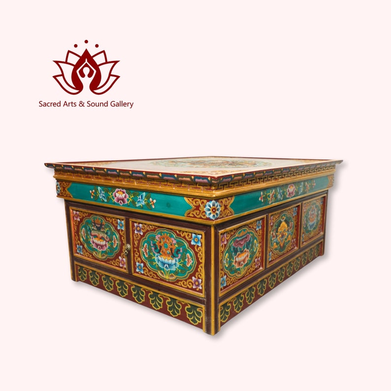 Authentic Tibetan Masterpiece Hand Carved and Painted Buddhist Foldable Central Table Featuring Astamangal Face,Perfect for Your Living Room zdjęcie 5