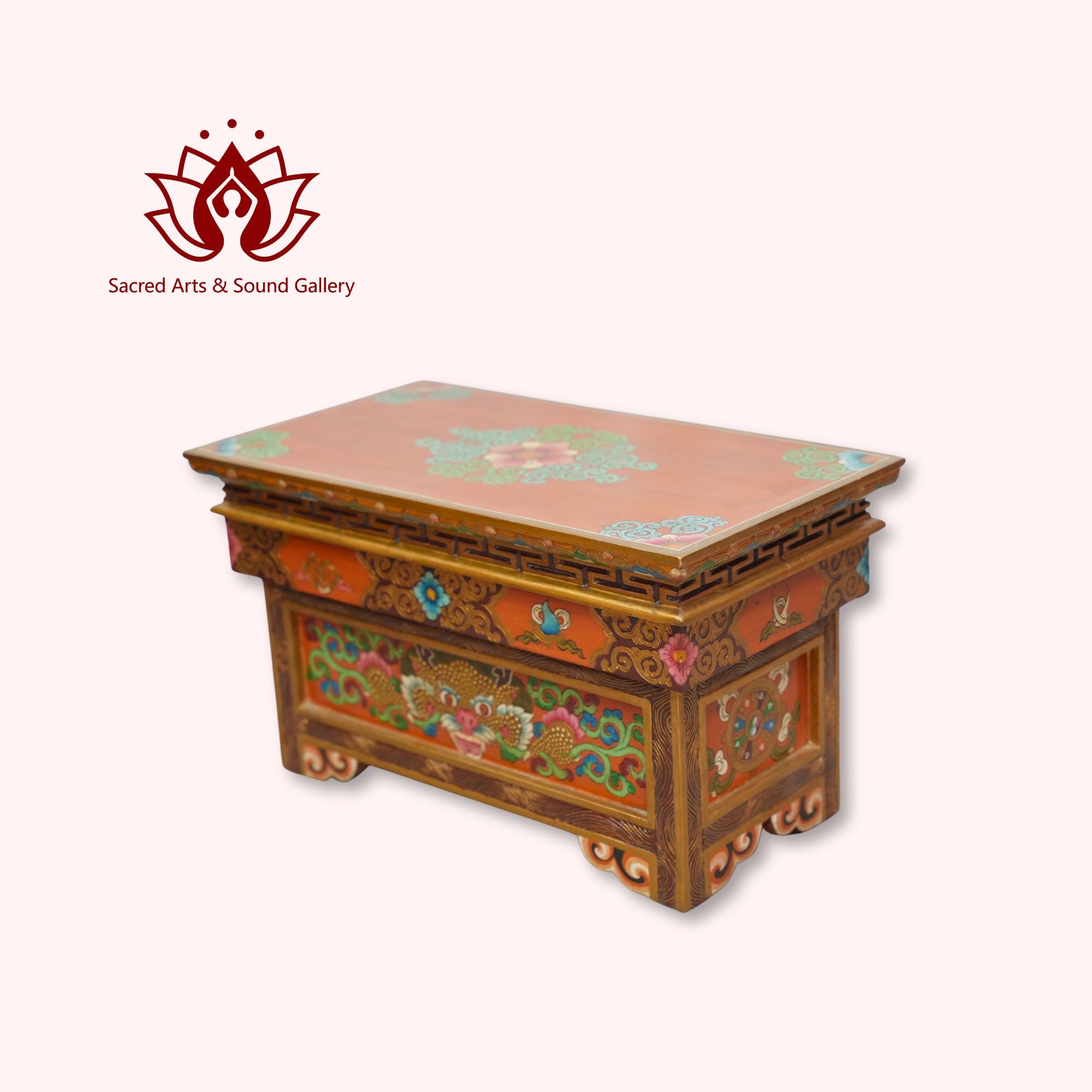 24 Inch Handmade Cheppu Table | Tibetan Buddhist Table | Hand-Painted Dharma Wheel | Puja Alter Table | Made in Nepal