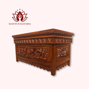 Dragon Carved Tibetan Puja Table, Handmade Shrine, Solid Wood, Antique Finish, Traditional Nepalese Craft 24 Inch long made in Nepal.