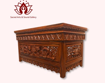 Dragon Carved Tibetan Puja Table, Handmade Shrine, Solid Wood, Antique Finish, Traditional Nepalese Craft 24 Inch long made in Nepal.