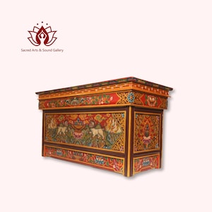 Solid Wooden Buddhist Meditation Table/Altar with Face of Lion, Buddhist Shrines for Travelling, Unique & Antique Piece, Handmade in Nepal