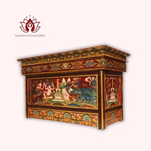 60 Inch Solid Wood Foldable Tibetan Altar Table | Hand-Carved & Hand-Painted Puja Table | Authentic Pine Wood Buddhist Shrine Made in Nepal