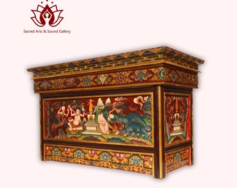 60 Inch Solid Wood Foldable Tibetan Altar Table | Hand-Carved & Hand-Painted Puja Table | Authentic Pine Wood Buddhist Shrine Made in Nepal