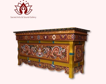 Tibetan Hand-Carved Foldable Table | Dragon & Dharma Wheel | Solid Wood Shrine | Buddhist Altar | Handmade in Nepal