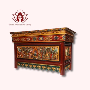 Handmade 24&quot; Tibetan Altar Table, Hand-Carved Shrine, Solid Wood Puja Table, Dragon and Bird Motifs, Made in Nepal
