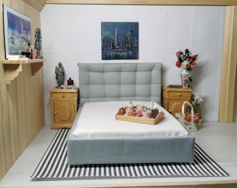 DOLLHOUSE Double Bed with Tufted Headboard in 1:12th Scale | Made To Order | Suitable for 6"/15cm Figures | Handmade