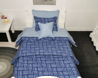DOLLHOUSE Blue Geometric Print Single Bedding Set 1:12th Scale | Set of 5 | Suitable for 6"/15cm Figures | Handmade
