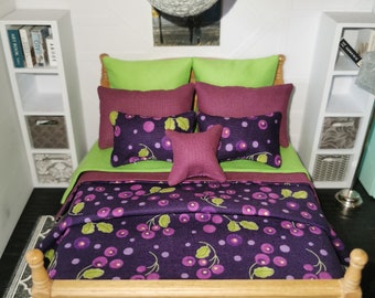 DOLLHOUSE Bed Linen Set in Purple/Lime Green Berry Print | 1:12th Scale | Set of 9 | Suitable for 6"/15cm Figures | Handmade