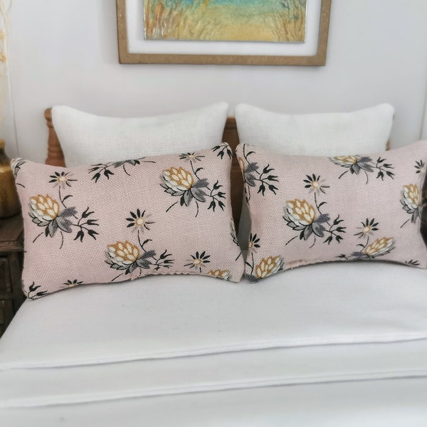 DOLLHOUSE Pillows Set of 2 in Pink/Mustard/Grey Floral Print 1:12th Scale | Suitable for 6"/15cm Figures | Handmade