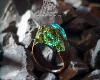 Anillo de resina de madera de teca hecho a mano: color mar de Tailandia
