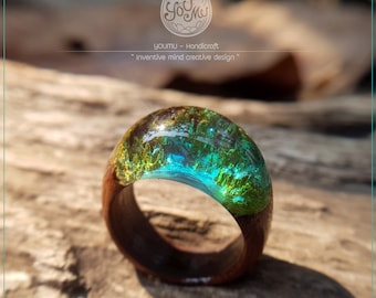 Anillo de resina de teca hecho a mano: diseño Taiyo azul océano