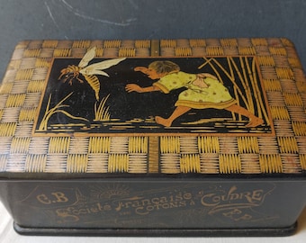 Boîte ancienne en papier mâché, publicité pour Cartier Bresson Société Française de Cotons à Coudre, boîte laquée du XIXe siècle